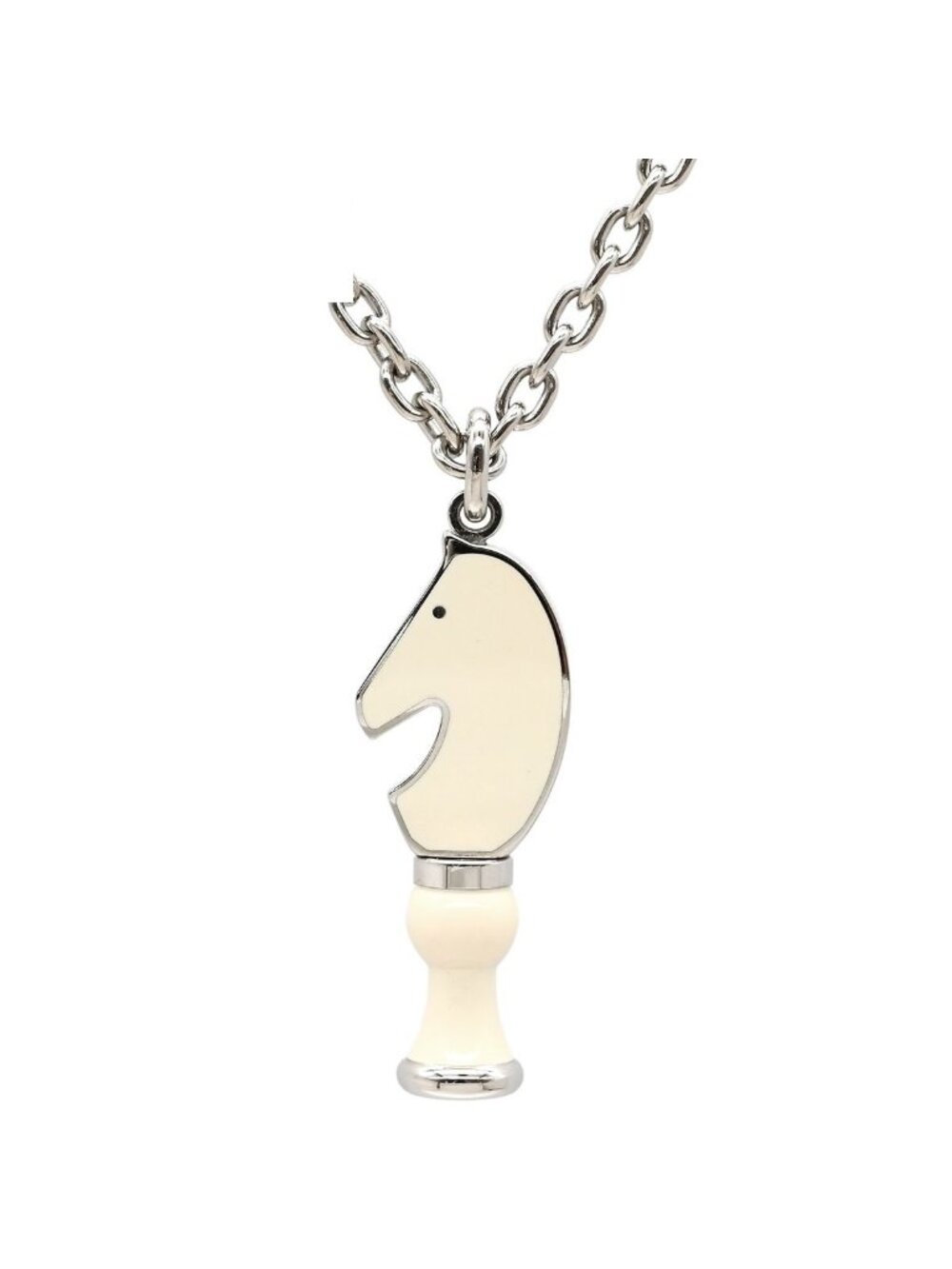 Hermes Necklace Cavaliere Metal Lacquer White Silver Chess Piece Knight Horse
